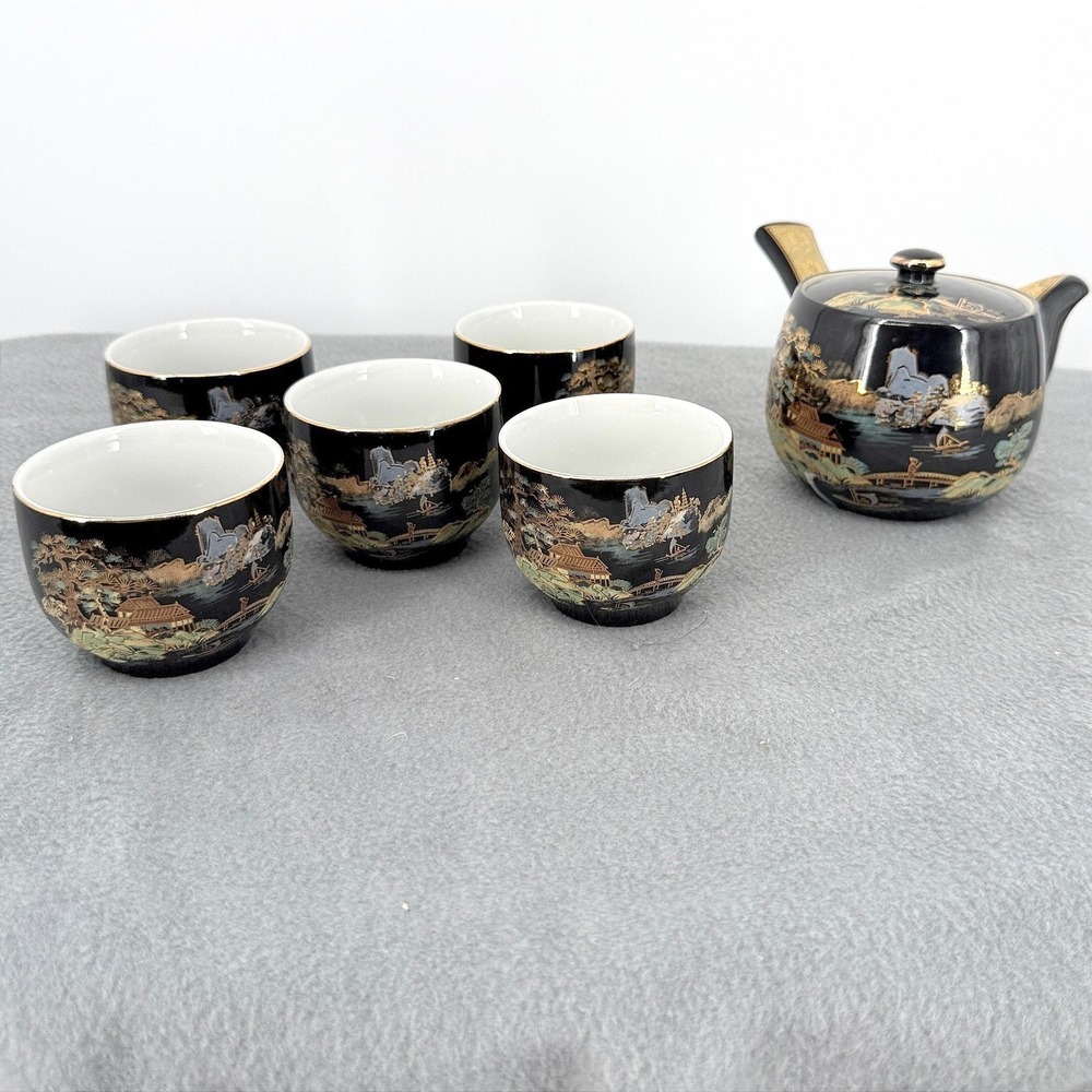 Vintage Japanese Black Gold Pagoda Landscape Tea Set Kyusu Pot 5 Cups Made Japan